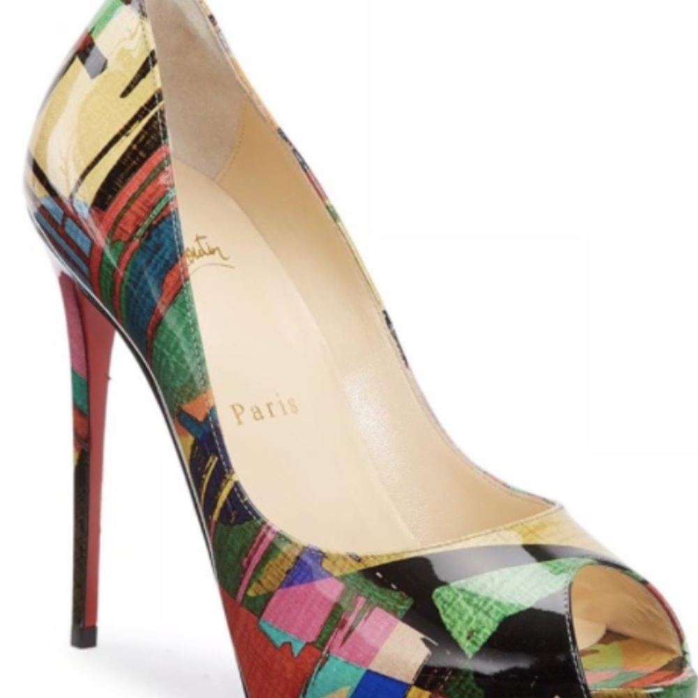 Christian Louboutin New Very Prive Patent Mag Multicolor Peep Toe Stiletto 38
